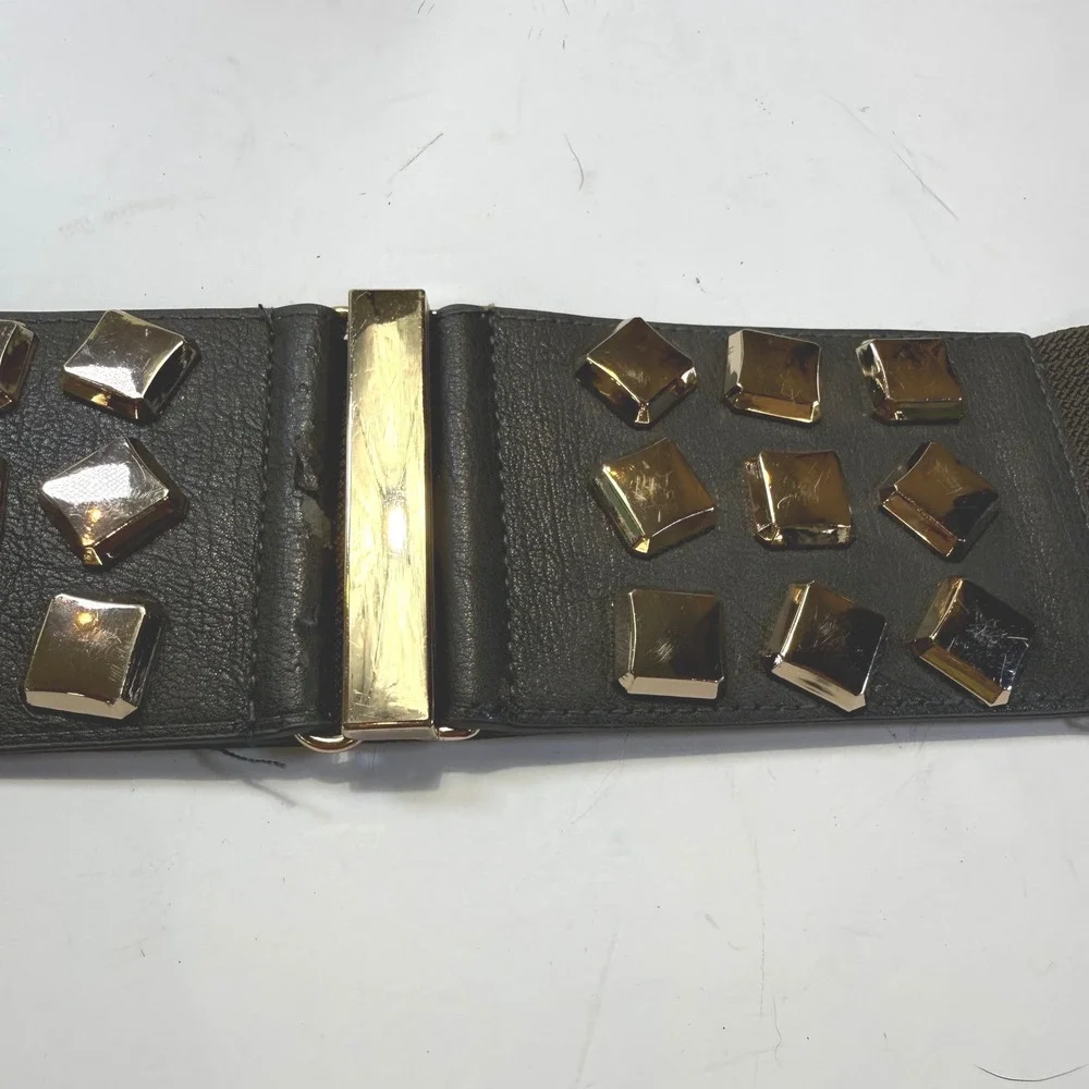 Brown Elastic Cinch Waist Belt Gold Square Pyramid Studs Wide Faux Leather 27in